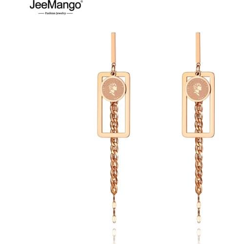 JeeMango Bohemia Hollow Geometric Tassel Earrings Stainless Steel Trendy Queen Avatar Earrings Jewelry For Women Girls JE20104