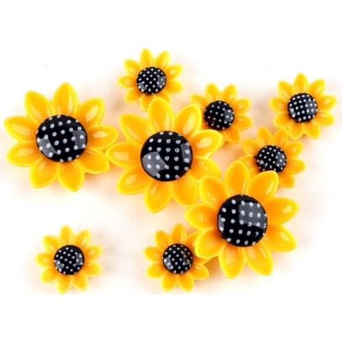 Kawaii Sunflower Resin Cabochons 20pcs 15mm 26mm Floral Embellishments Scrapbooking Girls Hair Bow Center Clip Headband DIY