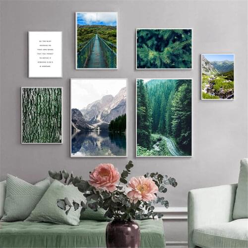 Forest Road Poster Lake Mountain Nature Scenery Wall Art Canvas Print Wood Pine Bridge Wall Painting Pictures Living Room Decor