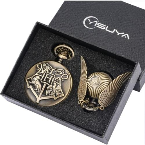 Retro Pocket Watch Set Bronze H Pattern Quartz Dial Watch Mini Wings Little Clock with Chains Exquisite Suit for Grandpa Dad