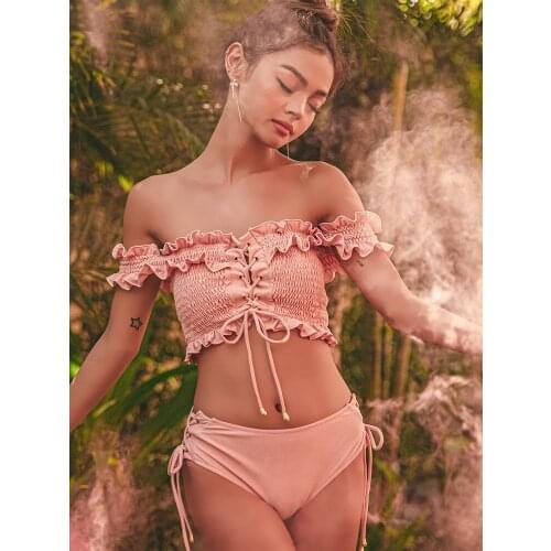 2019 New Korean Women Bikini Sets Cute Two-piece Swimsuit Solid Pink Front Tie Sierra Crop Top Sexy TuTu Puffy Beach Wear