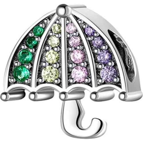 New Rhinestone Rainbow Umbrella Pendant DIY Beads Suitable for Original Pandora Charm Bracelet Ladies Jewelry Making Gifts