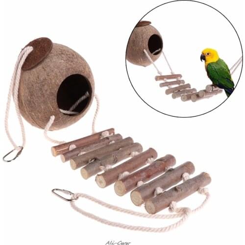 New Designed Natural Coconut Shell Bird Parrot Nest Hut Cage Toy Hideaway With Ladder Stand Bird Toys Accessories