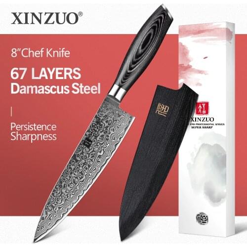 XINZUO 8'' inches Chef Knife Gyutou Knife Japanese VG10 Damascus Kitchen Knives Stainless Steel Butcher Knife Pakka wood Handle