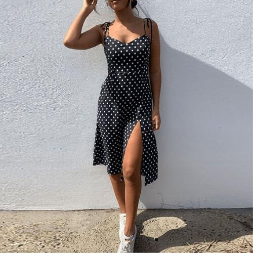 Spaghetti Strap Dress Womens Causal Polka Dots Print Sleeveless V-neck Dress Slim High Waist Beach Sundress Vestidos De Fiesta