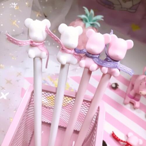 Kawaii 3D Bear Ribbon Gel Pen Creative School Student Stationery 0.5MM Black Ink Pens Handles Supplies Gift For Girls Writing