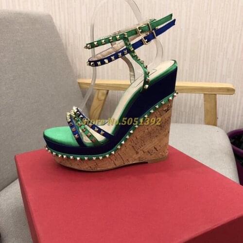 Rivet Wedges Platform Sandals Open Toe Ankle Buckle Handmade Open Toe Cut Out Open Heel High Heel Wedges Sandals Shoes