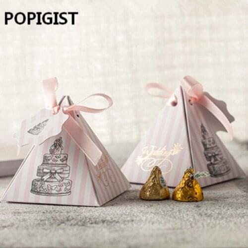 Wedding Favors Pink Striped Paper Boxes Cake Triangular Pyramid Candy Boxes +card+ribbon Party Gift Box Chocolate Box 100pcs