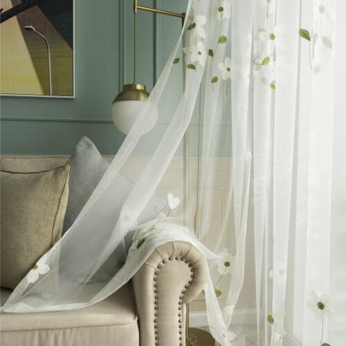 Rustic Floral Tulle Sheer Curtains for Living Room Green Embroidered Lace Voile Sliding Glass Door Window Treatments