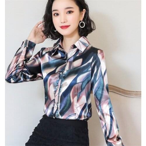 Imitation Real Silk Shirt Women Fashion Blouse 2020 New Spring Print Shirt Long Sleeve Satin Silk Cloth OL Office Lady Shirt