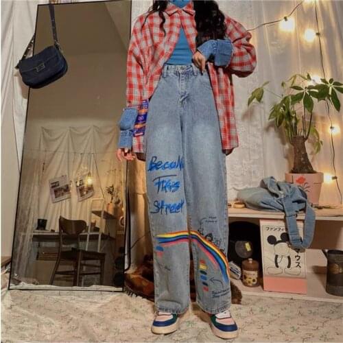 Graffiti Printing Woman Jeans High Waist Wide Leg Denim Clothing Blue Streetwear Vintage Quality Fashion Harajuku Straight Pants