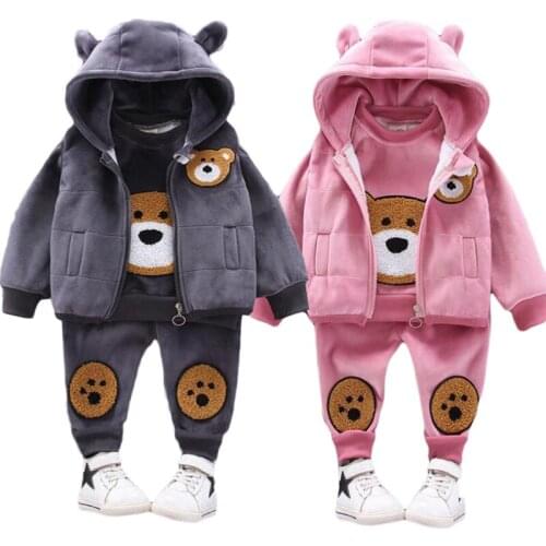 Winter Warm Baby Girls Clothes Double Layer Velvet Thick Cotton Suits For Girls And Boys Hooded Vest+Jacket + Pants 3Pcs 0-4Y