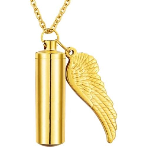 Gold Tone Stainless Steel Cylinder Pendant Jewelry Urn Holder with Angel Wing Charm Memorial Necklace