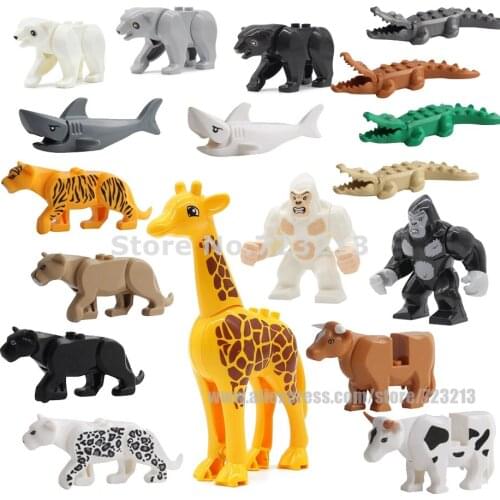 18pcs Animals Horse Cow Shark Panther MOC Giraffe Crocodile Black Bear Cattle Orangutan Building Block Kit Model Bricks Toys