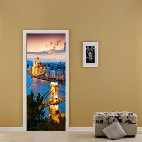 3D Door WallPaper Wall Stickers Twilight City Night Decorative Stickers Door Background Wall Stickers Bedroom Living Room