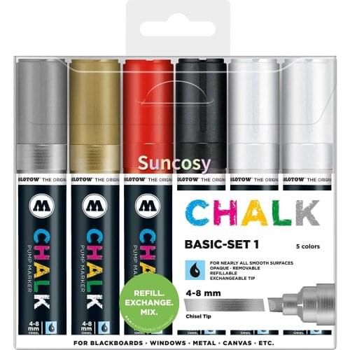 Molotow Chalk Marker Basic Set, 4-8mm Nib, Assorted Colors, Set of 6 Markers, 1 Set Each (200.474)