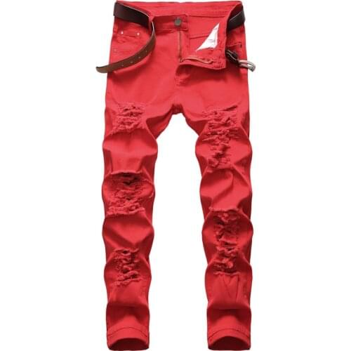 Denim Jeans Men Slim Pants Mens Denim Trousers Zipper Red Hole Pencil Pants Denim Jeans for Man Straight Full Length