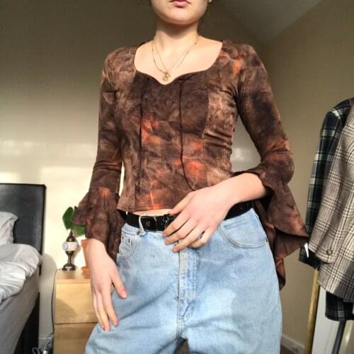 Tie-dye Print Patchwork T-shirt Adults Vintage Ruffled Long Sleeve Square V Collar Slim Simple Lines Wild Daily Crop Tops