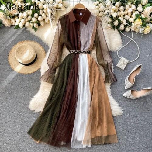 Gagaok Dresses Women 2021 Spring Autumn New Lapel Patchwork Office Lady Midi Dress Fashion Retro Elegant INS Mesh Vestidos