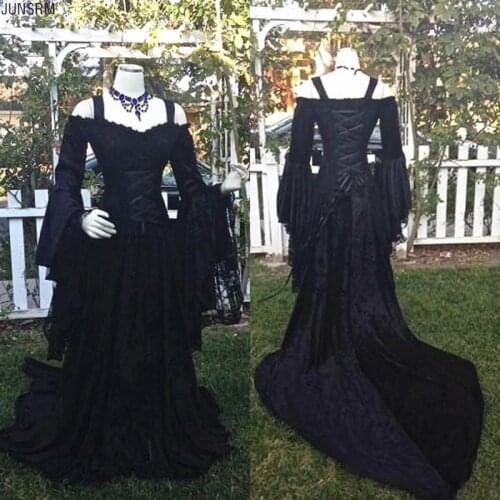 Gothic Black Wedding Dresses Off Shoulder Long Puffy Sleeves Lace medieval victorian white Corset Bodice Wedding Bridal Gown