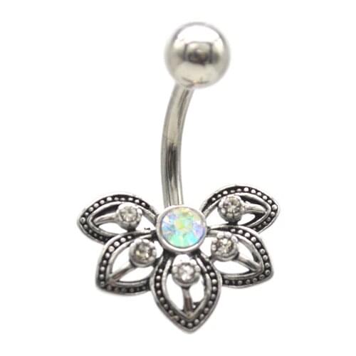 Flower Belly bar Navel Ring AB Gem Crystal Stainless Steel Fashion Body Piercing Jewelry