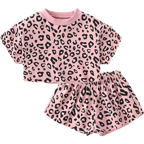 Girls Cotton Leopard Print Suit Short Sleeve Pullover+Shorts Two Sports Suits Baby Girls Clothing Sets Kids Summer Suits