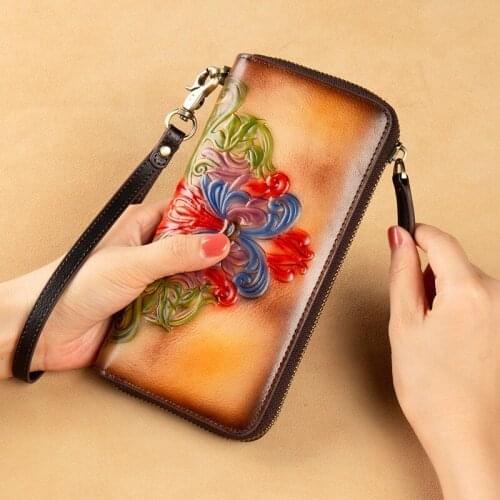 YourSeason Womens Handmade Embossed Hand Wallet 2021 Genuine Leather Female Vintage Card Holder Cowhide Casual Phone Purse