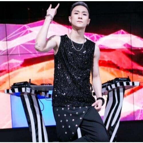 2020 New Summer Mens Slim Fit Tank Top Fashion Bling Sequins Street Dance Tops Streetwear Male Hip Hop Tank Top Five Color