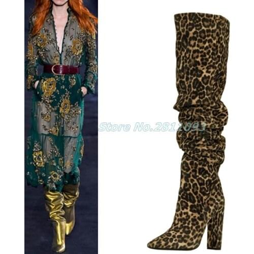 Fashion European Block Heel Slouchy Boots Over The Knee Slip On Sexy Pointed Toe Pleated Leopard Square High Heel Boots