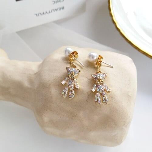 Wholesale S925 Silvery Needle Crystal Bear Ear Stud Sweet Girly Style Elegant Pearl Earrings Female Wholesale