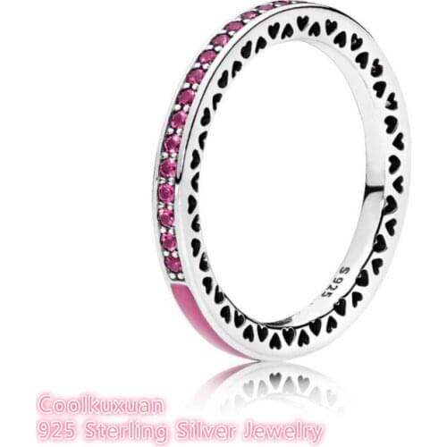 Spring Original 925 Sterling Silver Radiant Hearts Radiant Orchid Enamel & Cerise Crystals Ring Fits European brand Jewely
