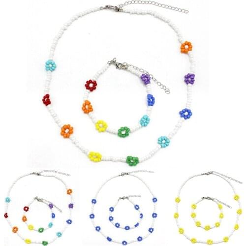 Colorful Bead Flower Necklace Fashion Creative Handmade Beaded Weave Choker Bohemia Choker with Bracelet Jewellery