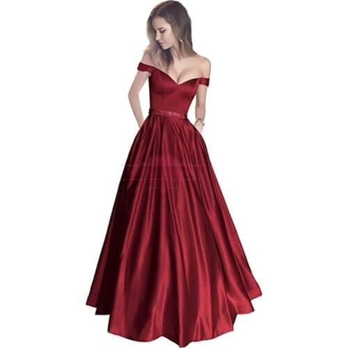 New Satin A-line Prom Dresses Off Shoulder Vintage Pink Black Crystal Belt Pockets A-Line Ceremony Celebrity Evening Gowns 2021