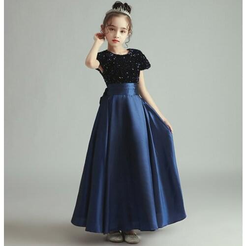Flower Girl Dresses Sequined Pleat Short Elegant Princess Floor-Length Jersey Luxury Dark Blue Cute Vintage Kids Party Gown H389