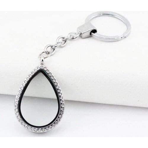 Stainless steel water drop rhinestone magnetic living locket pendant with round key chain for floating charms