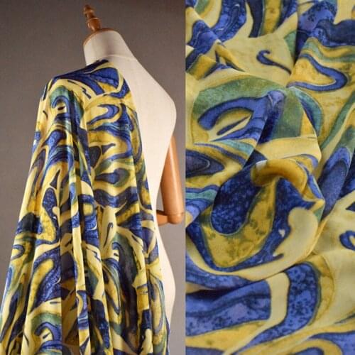 Half Meter Blue Abstract Stripe Print High Grade Chiffon Fabric For Dress Cheongsam Ladys Garment Sewing Tissue T1684