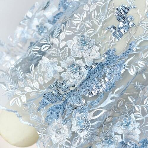 Light blue embroidered beading sequin lace fabric Cloth Sewing Patchwork DIY Craft wedding dress material handmade