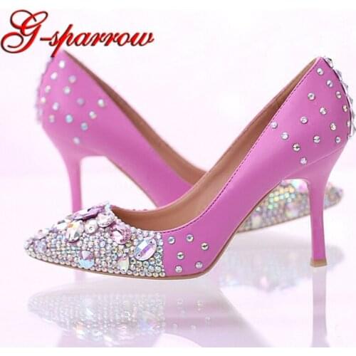 Gorgeous Pink Color Wedding Shoes with AB Crystal Pointed Toe Party Prom Shoes Handmade Glitter Rhinestone Ceremony Pumps