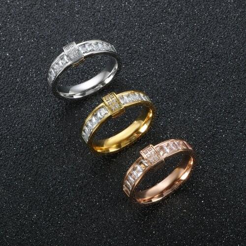 Vintage CZ Crystal Rings For Women Men Simple Square Rhinestone Stainless Steel Elegant Engagement Wedding Couple Finger Jewelry