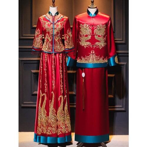 Vintage Dragon Phoenix Embroidery Chinese Traditional Couple Wedding Suit Cheongsam Elegant Bride Qipao Dress китайская одежда