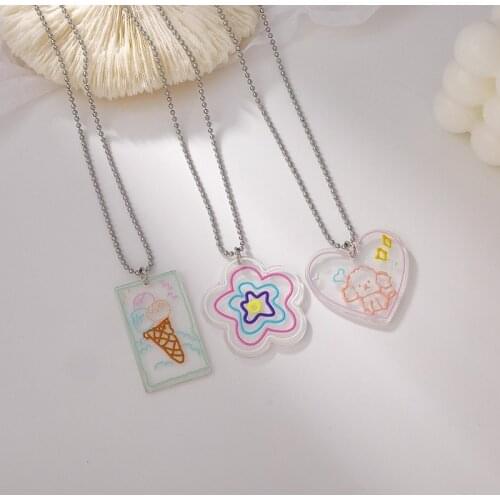 VSnow Korean Fashion Ice Cream Flower Love Heart Arcylic Pendant Necklace for Women Geometric Round Bead Chain Necklace Jewelry