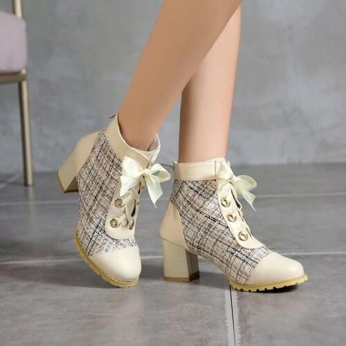 YQBTDL Fashion 2020 Cute Sweet Riband Cross Strap Lace Up Plaid High Heel Knight Biker Combat Ankle Boots for Women Winter Shoes