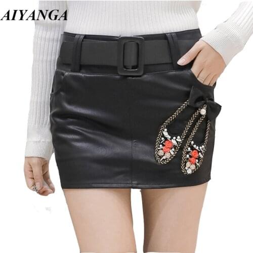 AIYANGA 2018 Autumn Winter Embroidery PU Mini Skirts Female Faux Leather Skirt Slim package Hip Short Saia Fashion waistband