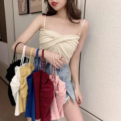 2021 New Camis Vest Solid Strape Knitted Tee Summer Women Casual Wear V Neck Slim Pleated Crop Tops