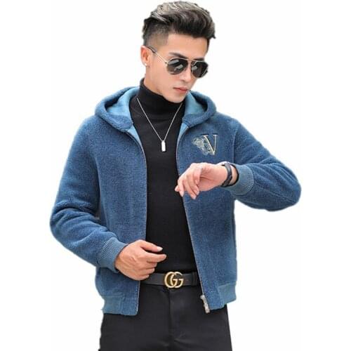 Winter Men Granular New Sheep Shearing Jacket Youth Boy Short Warm Outwear Mens Wool Embroidered Coats