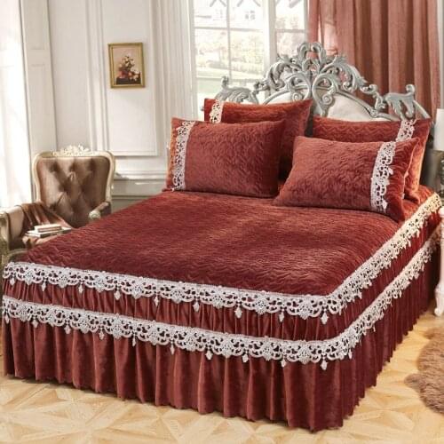 Thicker Warm Crystal velvet Quilted embroidery Bed spread Fitted Sheet Pillowcases 2/3pcs Pleated lace Princess Bedding