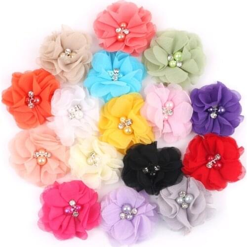 30pcs/lot 5CM Mini Chiffon Flowers With Pearl Rhinestone Center For Hair Clips Lace Flower For Baby Hair Accessories