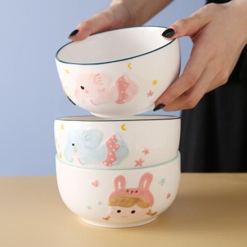 5 Inch Japanese Ceramic Cartoon Rice Soup Bowl White Porcelain Large Capacity Cute Breakfast Noodle Salad Dessert Bowl Tableware