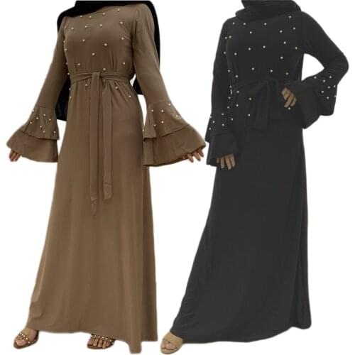 Abaya Muslim Women Long Dress Flare Sleeve Beading Arab Kaftan Dubai Middle East Ramadan Islam Clothing Turkish Maxi Robe