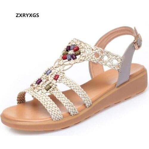 2021 New Summer Bohemian Sandals Genuine Leather Weaving Women Fashion Sandals Flat Soft Sole Large Size Shoes Casual Sandals